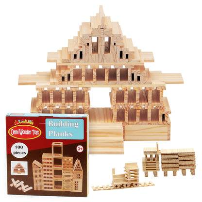 OWT Wooden Building Planks for Kids | 100 Piece STEM Construction Blocks Set for Creative Play | Educational Wood Building Toys for Boys and Girls