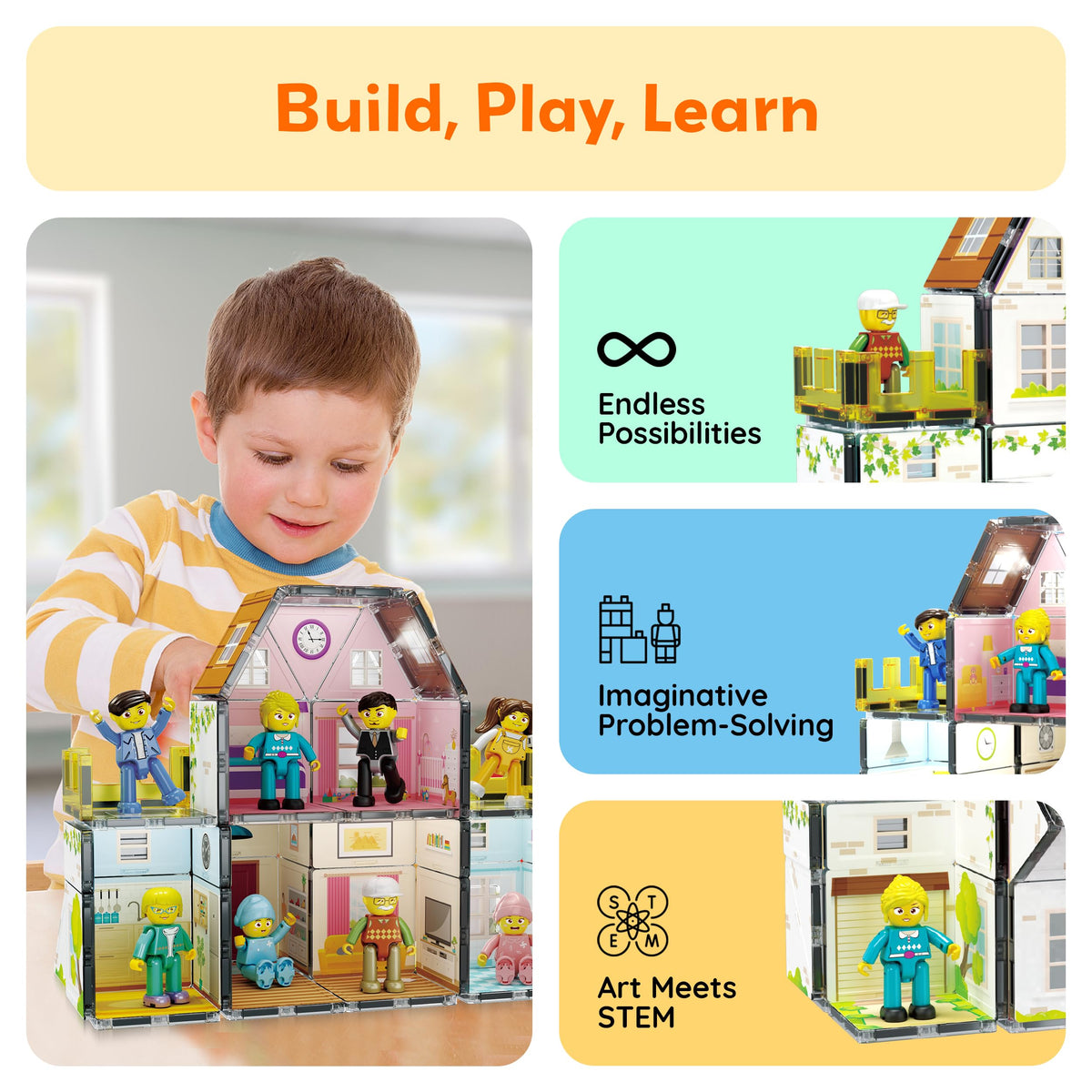 PicassoTiles Magnet Tile Building Block Family Homestead Doll House Theme Playset 8 Character Action Figures Double Sided Magnetic Tiles Printing STEM