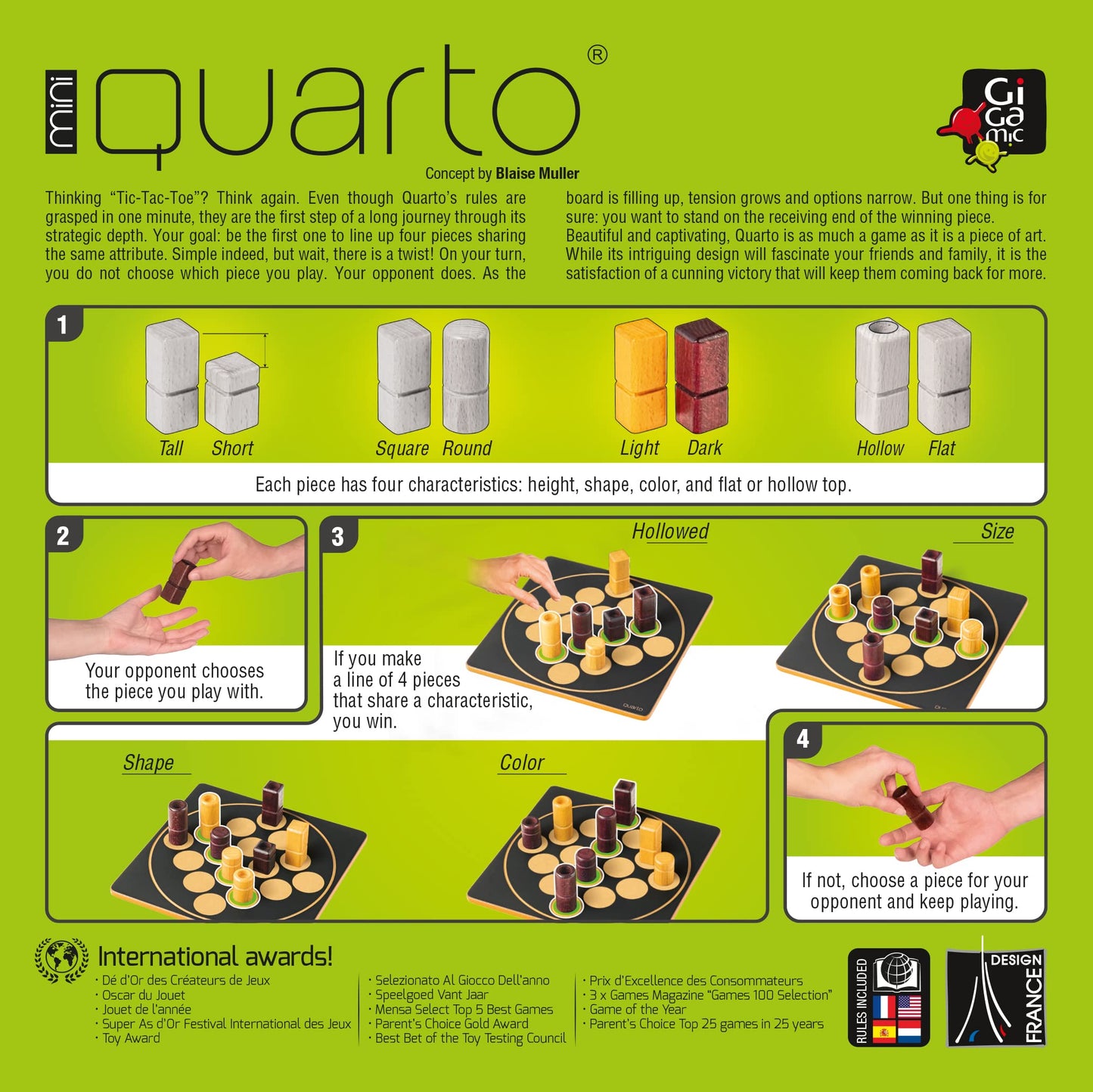 Quarto Mini | Mensa Select Winner | Travel-Friendly Version of The, Wooden Abstract Strategy Game for Kids & Adults | Family Game Night Favorite |