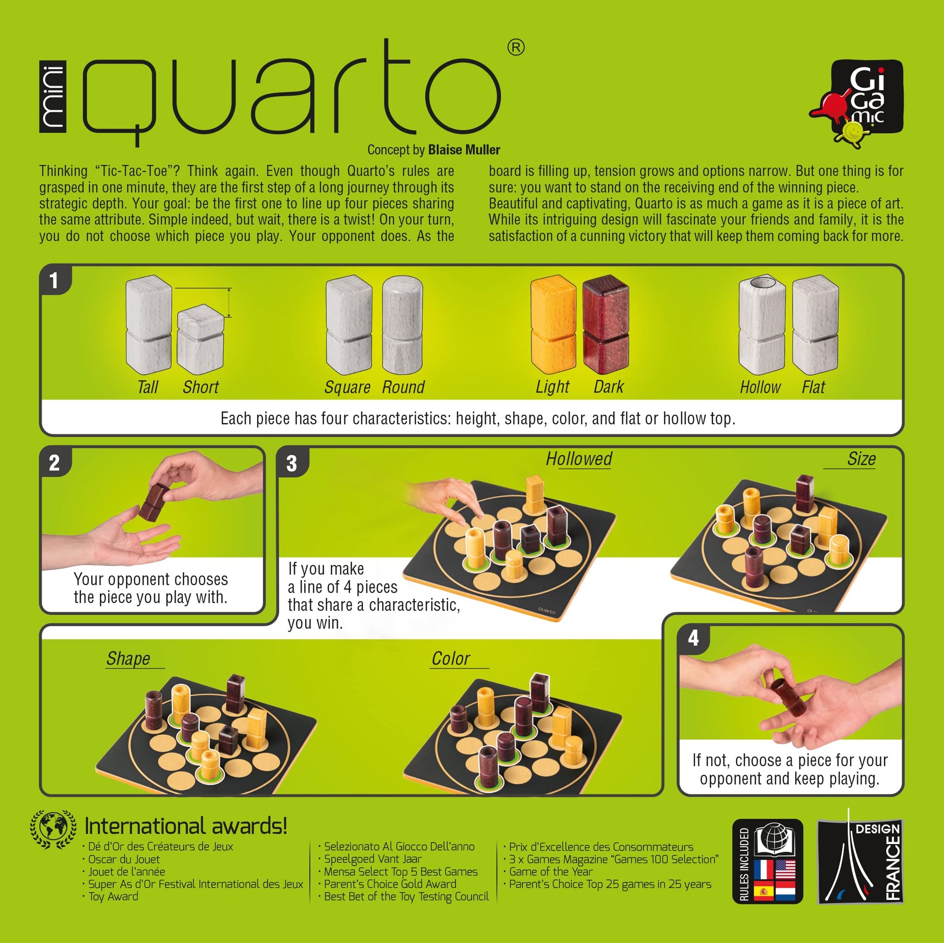 Quarto Mini | Mensa Select Winner | Travel-Friendly Version of The, Wooden Abstract Strategy Game for Kids & Adults | Family Game Night Favorite |