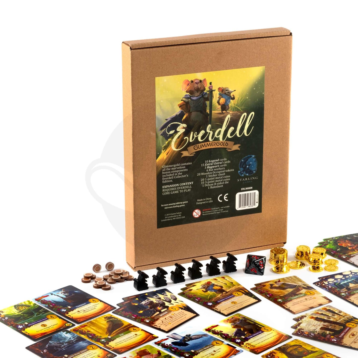 Everdell Glimmergold Upgrade Pack | Collectors Edition Components | Premium Metal Tokens, Legendary Cards, Rats & Deluxe D8 | Enhance Standard Edition