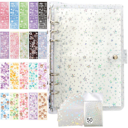 JIEADJIE Kpop Photocard Holder Book Set A5 Binder Photocard Album 6 Ring, Suit for 200 Cards 3 Inch Photo,with 50 Pcs Laser Flashing Card Sleeves,with