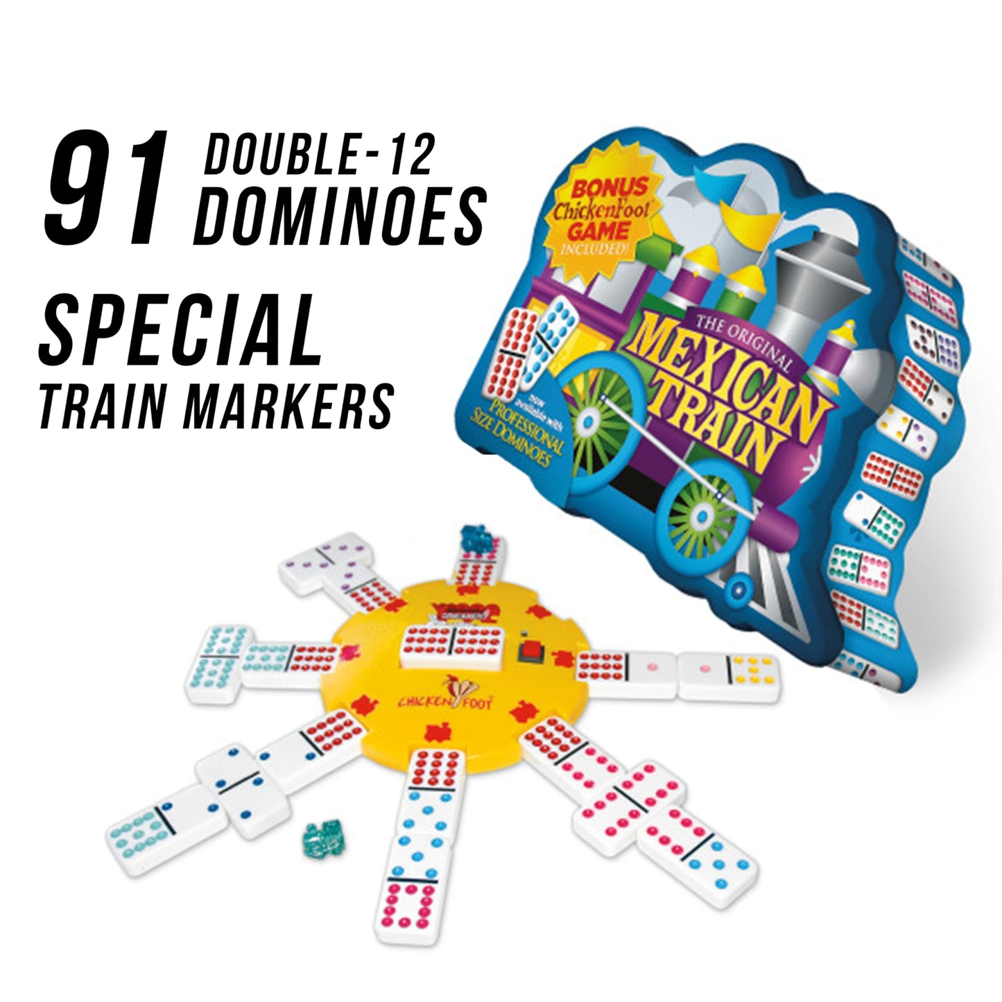 Puremco Mexican Train Double 12 Professional Size Dominoes with Bonus Chickenfoot Game Included Travel Tin Board Game, 91 Tiles, Challenging, Fun Game