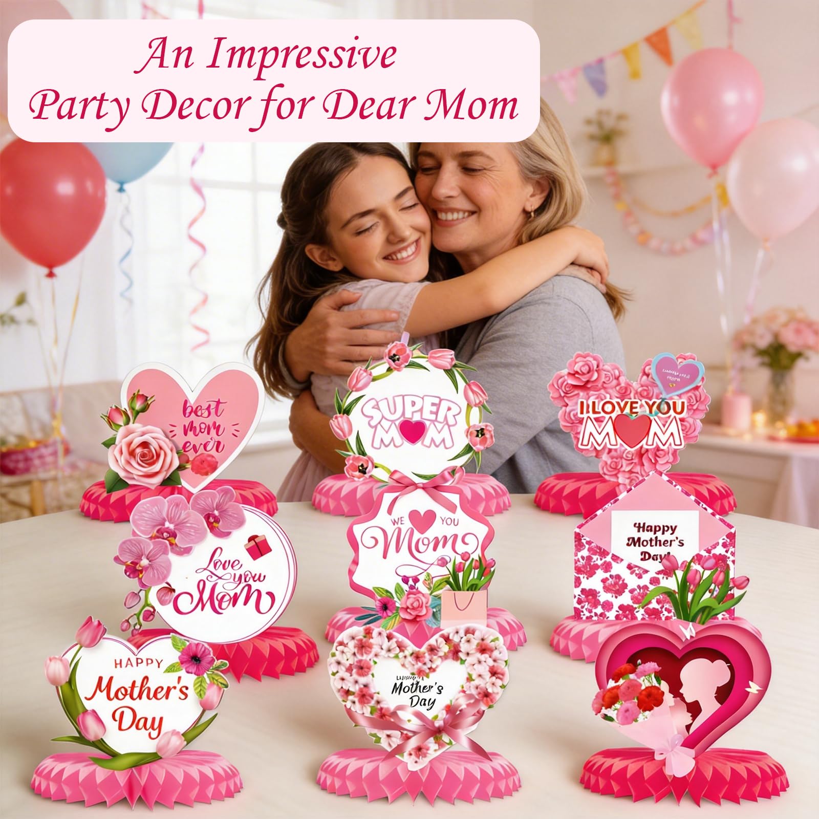 9 Pcs Floral Mother Birthday Table Centerpieces Pink, Floral Mother Party Table Decorations for Party, Best Mom Ever Honeycomb Party Supplies Kit