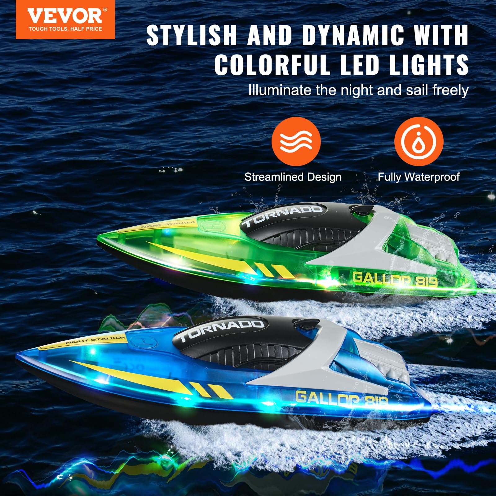 VEVOR RC Boat for Kids, 2Pack Remote Control Boat for Pools & Lakes, Racing Boat with LED Light & 4 Rechargeable Batteries, Whole Body Waterproof
