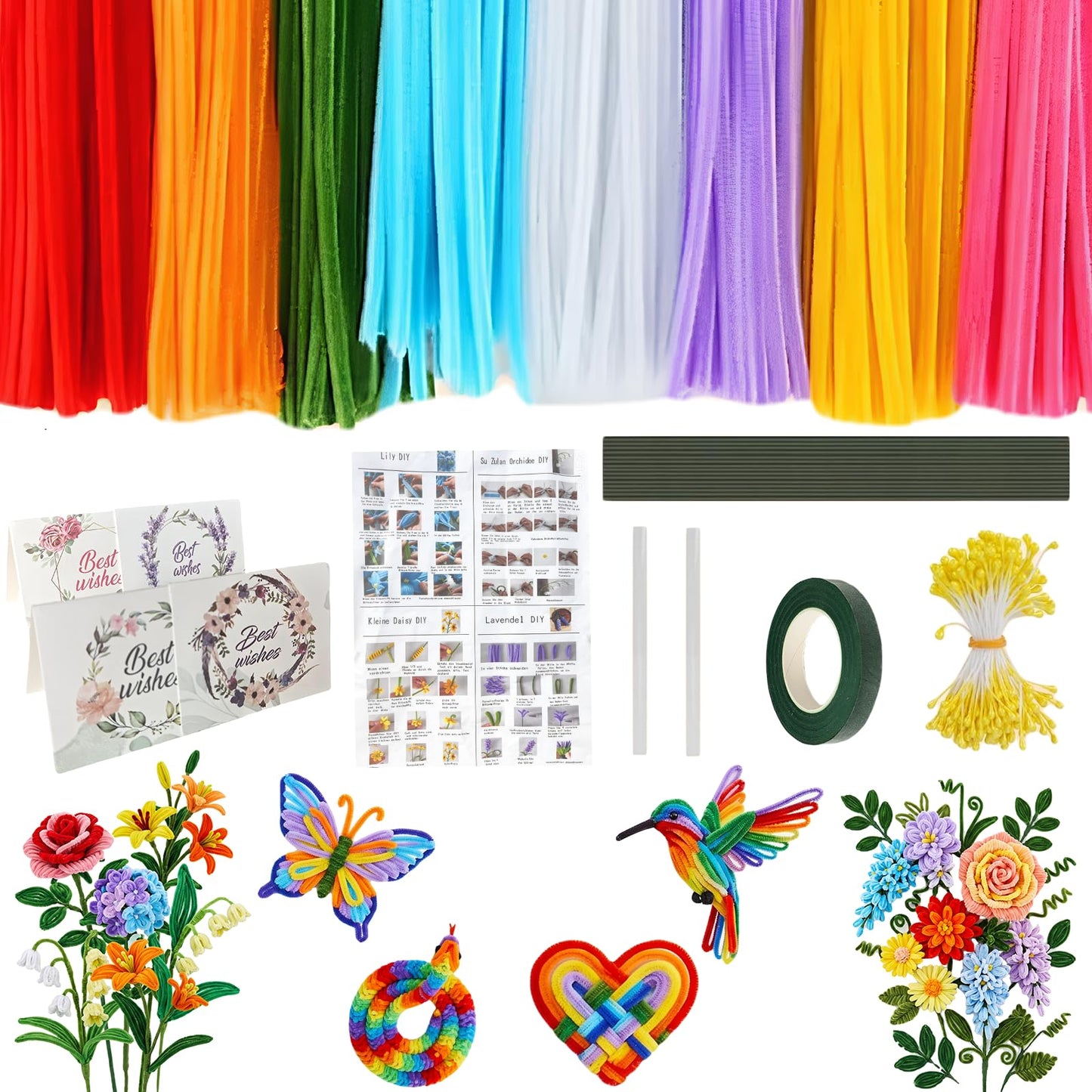 800 PCS Pipe Cleaners Flower Kit - 8 Colors Thickened Chenile Stems Craft Kit with Stems, Tape, Stamens, Manual, Greeting Card, Beauty DIY Flowers