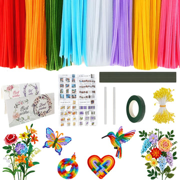 800 PCS Pipe Cleaners Flower Kit - 8 Colors Thickened Chenile Stems Craft Kit with Stems, Tape, Stamens, Manual, Greeting Card, Beauty DIY Flowers