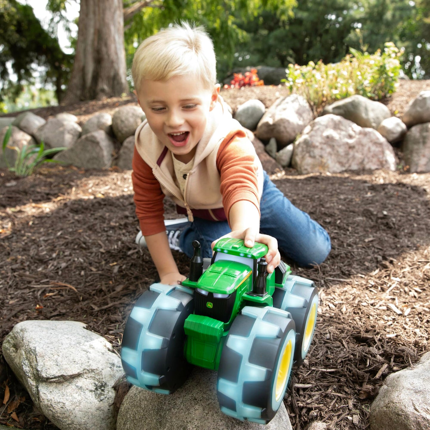 TOMY Monster Treads Lightning Wheels - Deluxe Rainbow Tractor - John Deere Tractor Toys - Light Up Monster Truck Toy with Rainbow Lights and Sounds