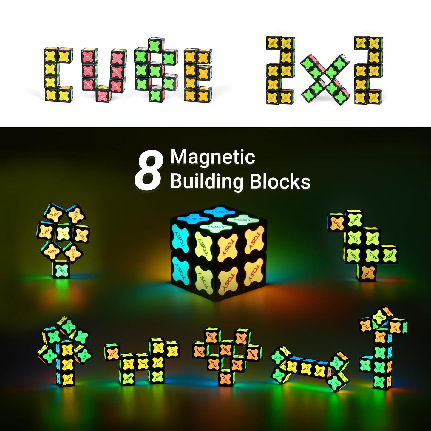 TOSY Magnet Cube 2x2 - 8 Blocks, 2 in 1 Toy: 2x2x2 Puzzle Cube and Customizable Infinity Cube, Glowing, UV Flashlight, Fidget/Sensory/STEM/STEAM