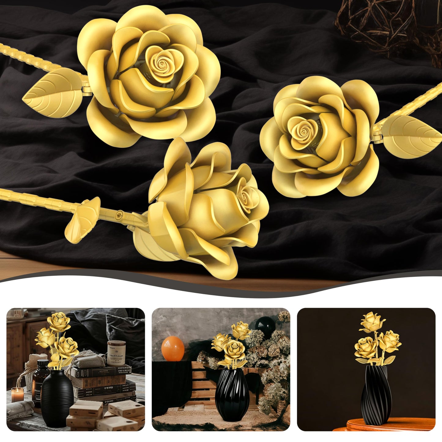 QIFUN Gold Roses Flower Building Set - 3 Roses Bouquet Botanical Building Blocks for Adult, Home Decor Romantic Anniversary Valentine's Day Gift
