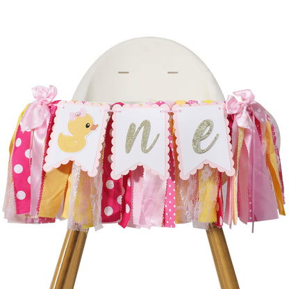 Duck High Chair Banner - Pink Rubber Duck 1st Birthday Party Decoration, Ducky Birthday Party Baby Shower
