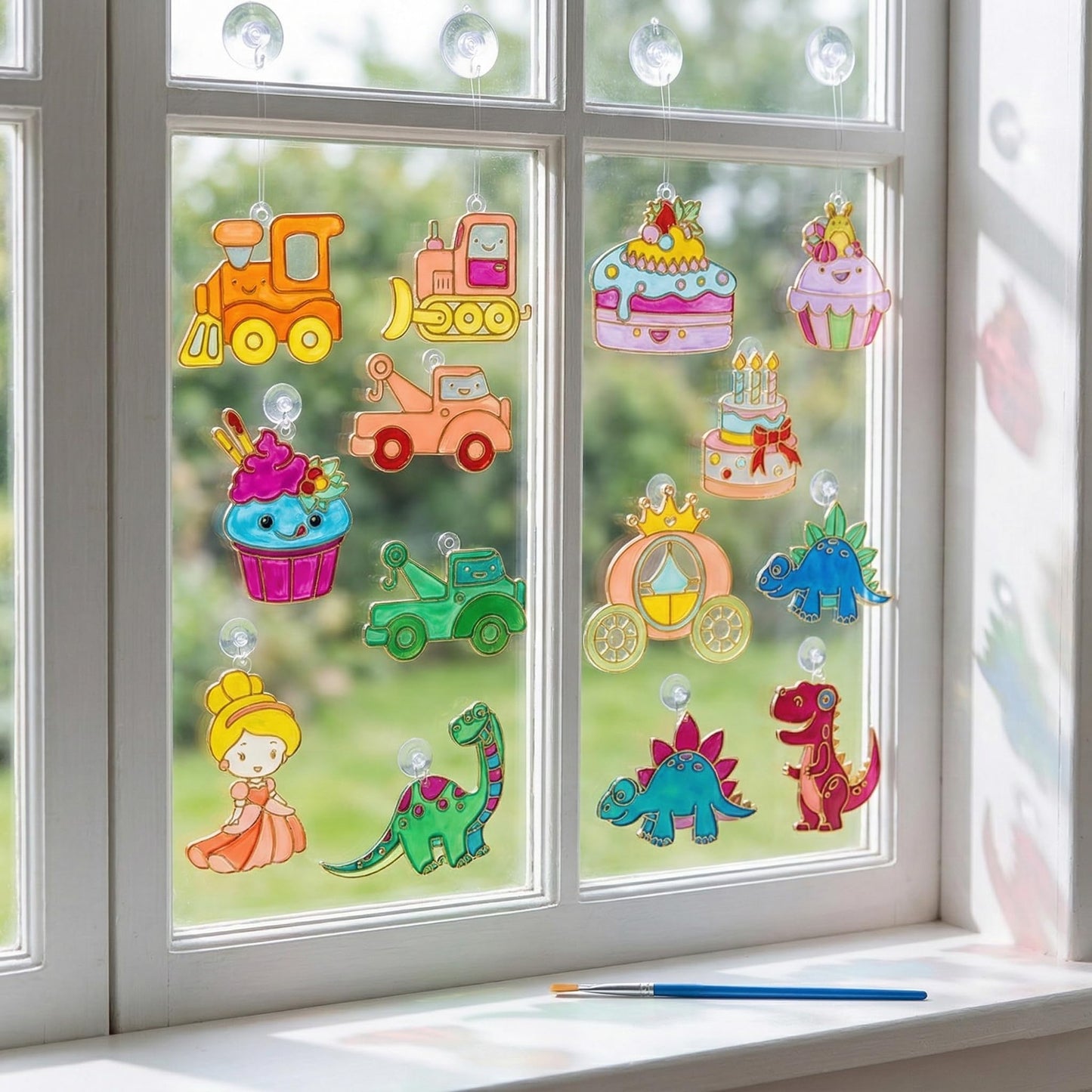 Window Art Kit for Kids - Stained Glass Kits for Kids Includes 16 Suncatchers 16 Ball Keychains 2 Suncatcher Paint Strips 2 Paint Brushes Window Art