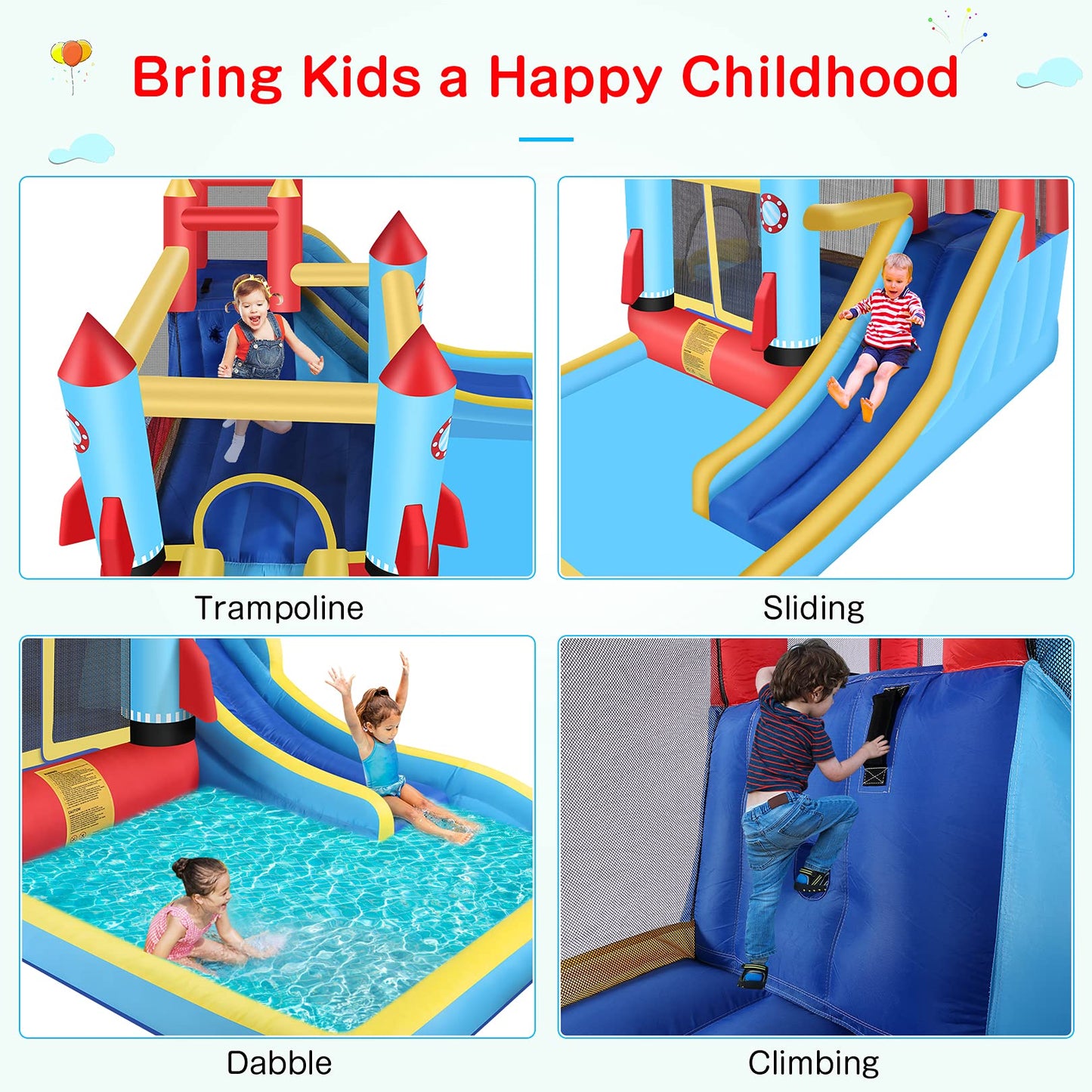 DREAMVAN Kids Bounce House with Blower Inflatable Bounce Houses Double Slide Climbing Wall and Ball Pit/Pool Splash Big Bouncy House Bouncing Rocket
