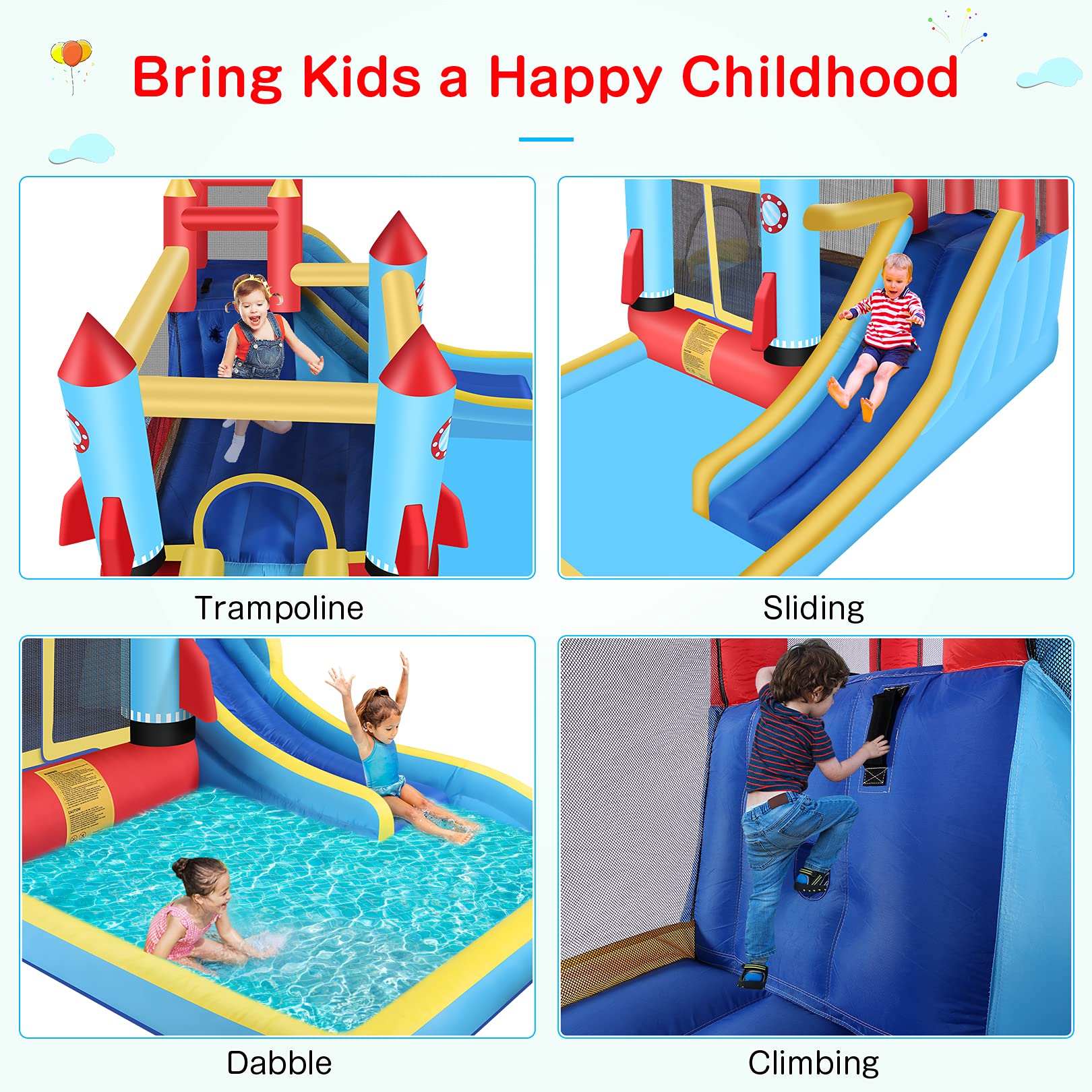 DREAMVAN Kids Bounce House with Blower Inflatable Bounce Houses Double Slide Climbing Wall and Ball Pit/Pool Splash Big Bouncy House Bouncing Rocket
