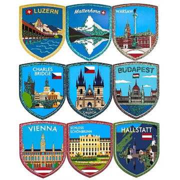 A-ONE European Countries Sparkling Diamond Skateboard Colorful Stickers 9 PCS+EU Flag Decorative Military Patch 1 PC, Europe Coastal Fantastic Tags