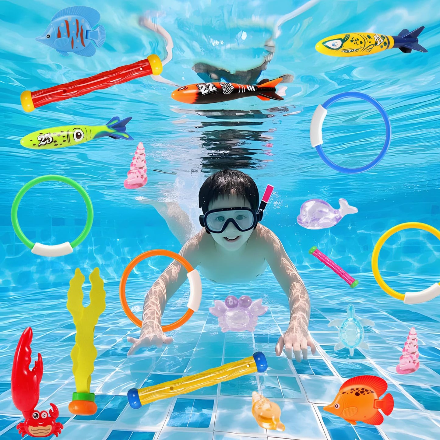 FUNCSDIK 35PCS Diving Pool Toys for Kids, Summer Underwater Diving Toys Set with Dive Sticks Rings Gems Storage Bag, Swimming Pool Toys for Fun Pool
