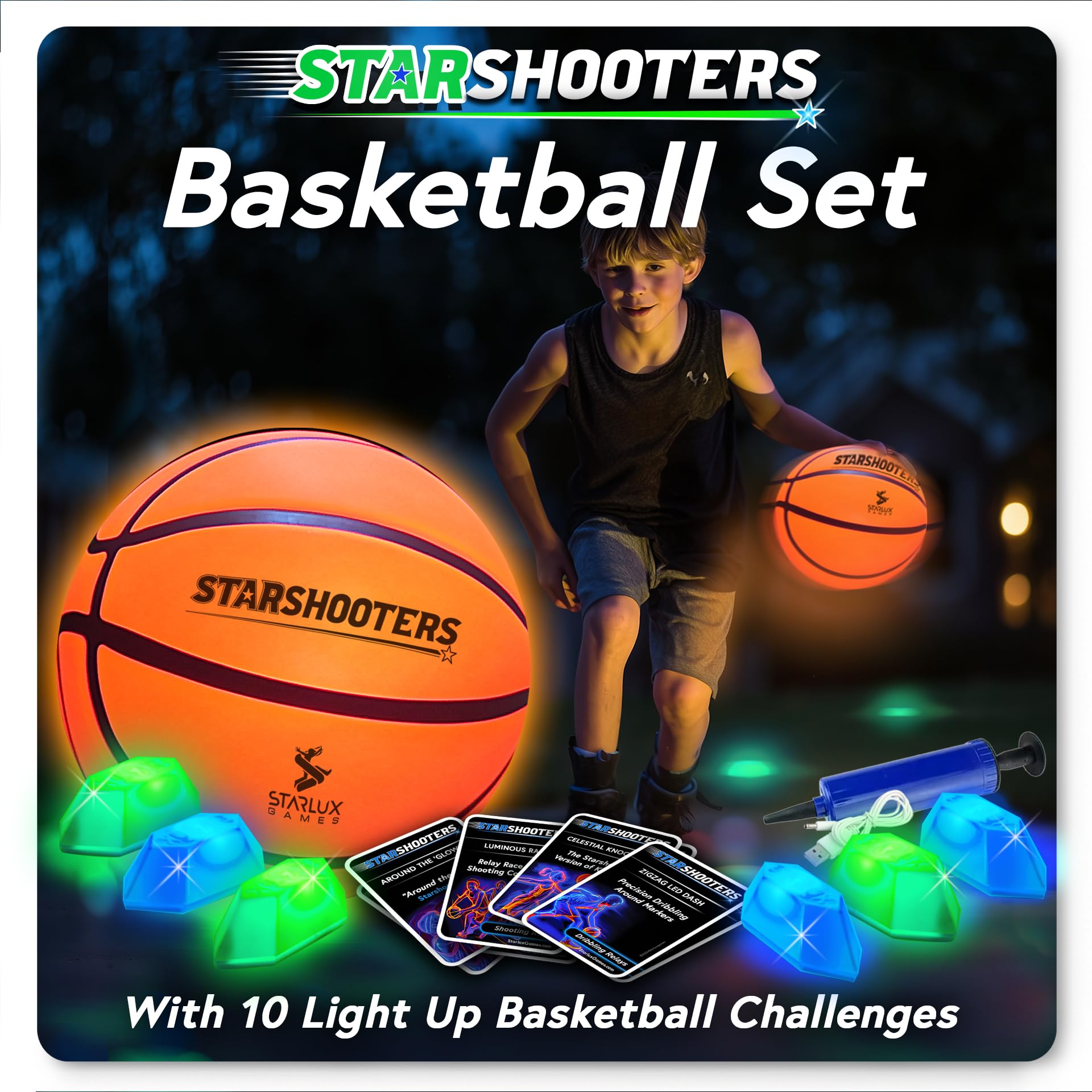 Starlux Games Light Up Basketball Set: Starshooters - Rechargeable, w/10 Game & Training Modes + Marker Lights | Ages 8+ | Glow in The Dark | Sports
