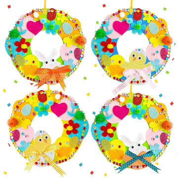 12 Sets DIY Easter Wreath Craft Kits, Foam Signs with Easter Egg, Bunny, and Chick Stickers, Pom-Poms, Googly Eyes, for Kids Classroom Home