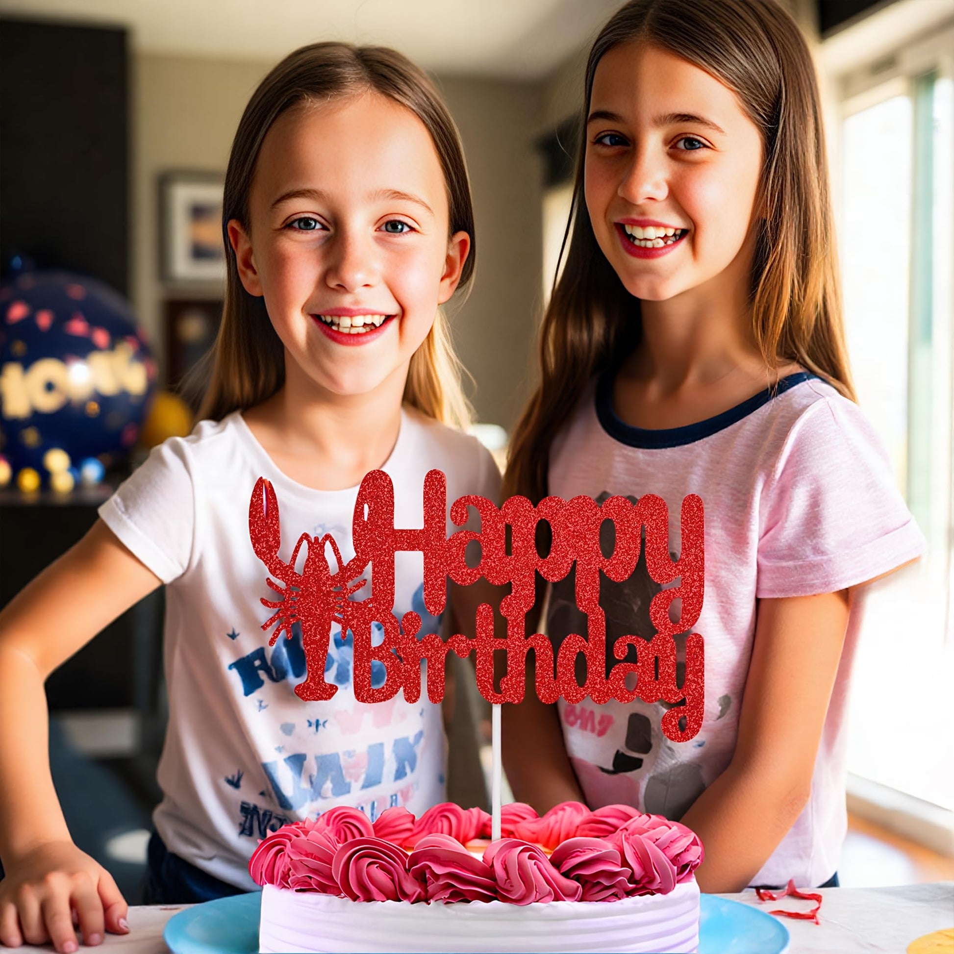 Happy Birthday Cake Topper - Red Glitter Lobster Theme Party Decoration, Seafood Crawfish Boil Birthday Party Supplies (Red)