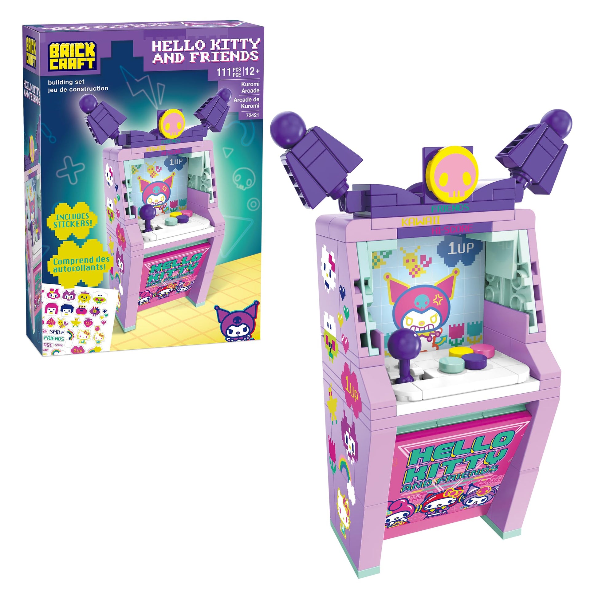 Brickcraft Hello Kitty and Friends Kuromi Arcade Building Set - 111 PCS Construction Toy for Ages 12+, Includes Stickers, Collectible Mini Arcade