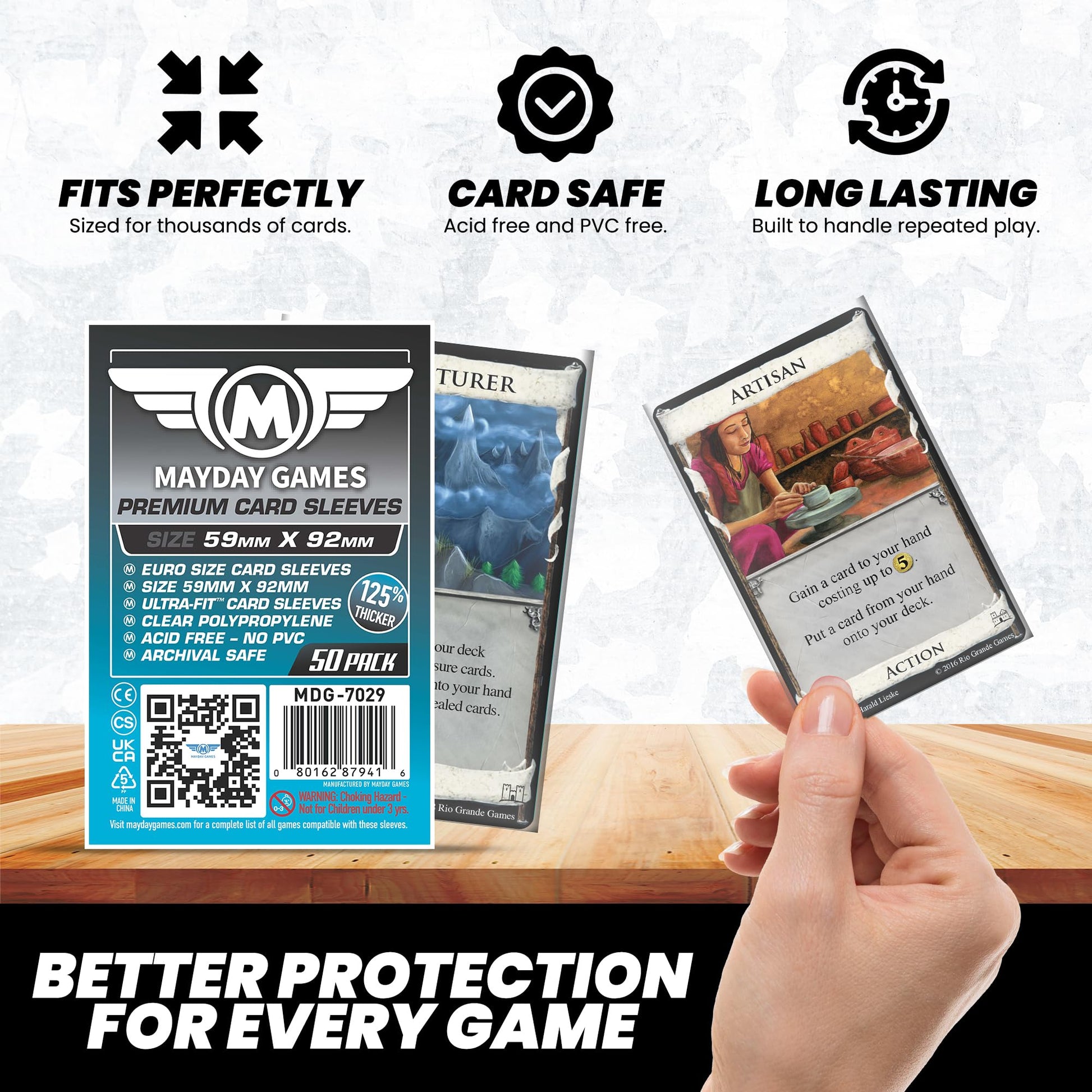 Mayday Games Premium Card Sleeves 59x92mm - 90 Micron Thick Clear Card Sleeves, Perfect Fit Standard European Size, 50 Per Pack - MDG-7029