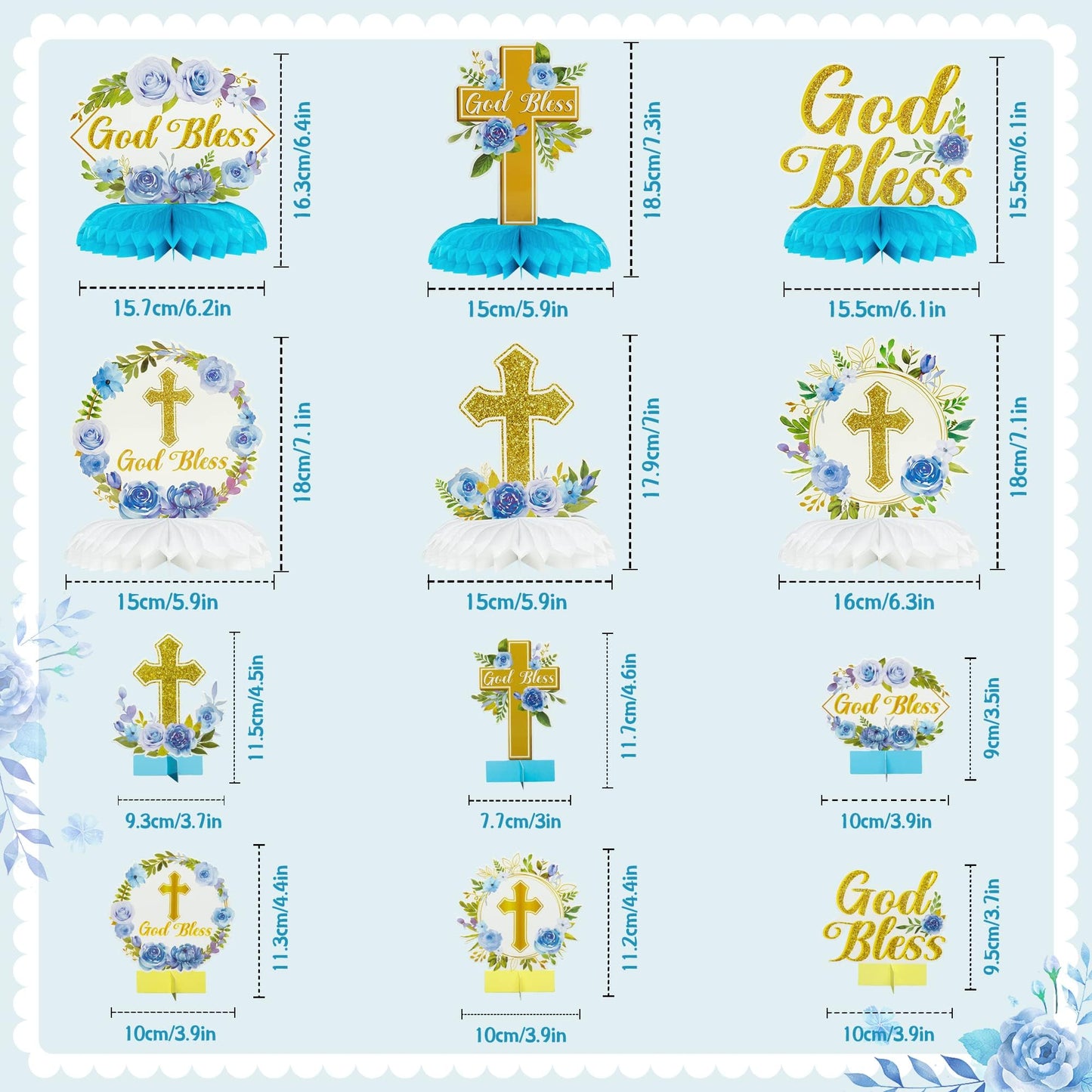 ANGOLIO 12Pcs Blue Floral God Bless Honeycomb Centerpieces Christian Cross Baptism First Confirmation Table Party Decorations for Boys Girls Baby