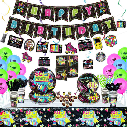 80s Party Supplies - Back to the 80s Party Decorations Set Including HAPPY BIRTHDAY Banner, Hanging Swirls, 80s Element Bunting, Plates, Cups