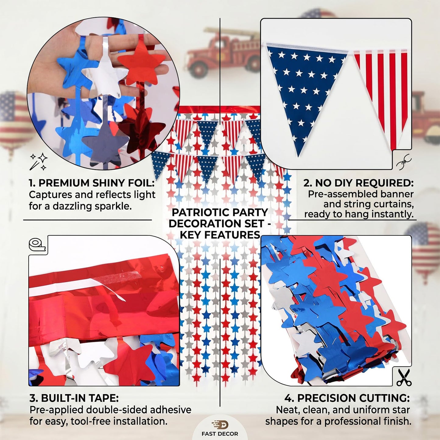4 Pack Red White Blue Star Party Decoration Set, 2 Pack 3.3ft x 6.6 ft Star Foil Fringe Tinsel Streamer Curtain Backdrop + 2 USA Flag Pennant Banner