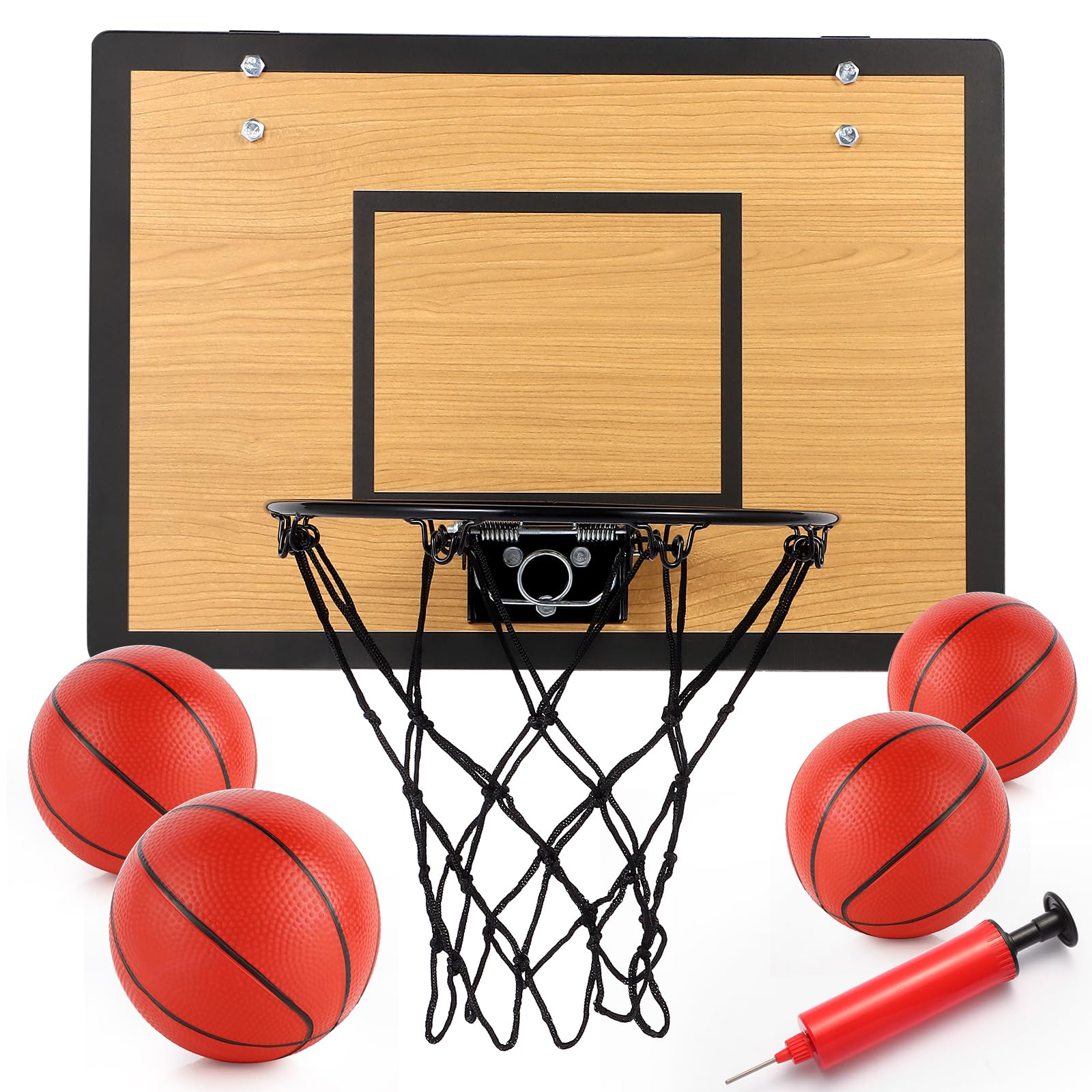 EZFXHD WTER Mini Basketball Hoop for Kids,Durable Wooden Over The Door Basketball Hoop Indoor,Mini Hoops with 4 Balls and Pump for Teens and Adults