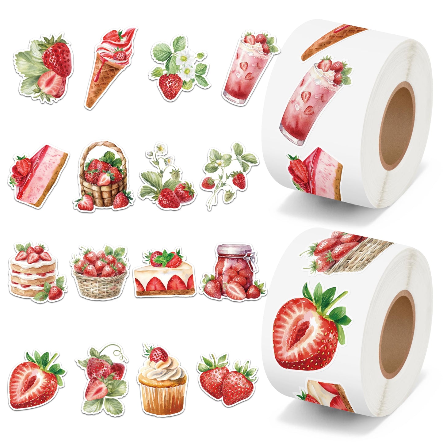 Summer Strawberry Roll Sticker for Kids- 1000Pcs Strawberry Decals in 2 Rolls, Summer Fruits Ice Cream Cake Drink Dessert Vinyl Stickers for Birthday