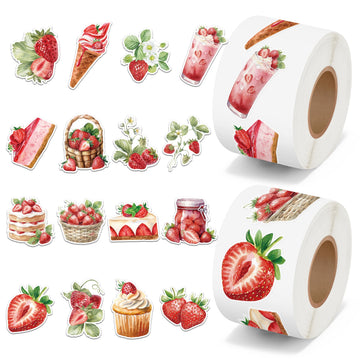 Summer Strawberry Roll Sticker for Kids- 1000Pcs Strawberry Decals in 2 Rolls, Summer Fruits Ice Cream Cake Drink Dessert Vinyl Stickers for Birthday
