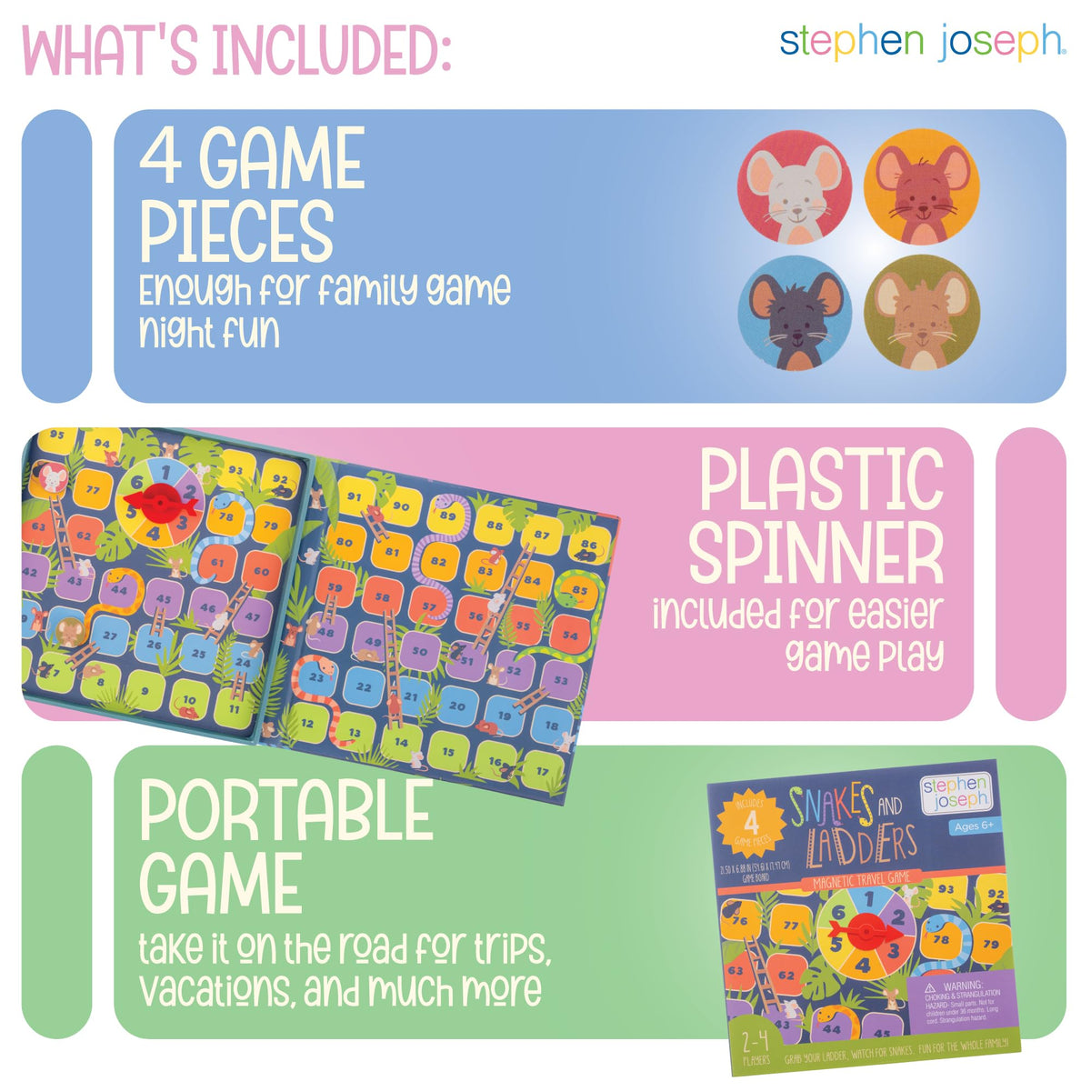 Stephen Joseph, Snakes and Ladders Magnetic Travel Board Game, Family Game Night, Travel Game & Gift for Boys & Girls, 2-4 Players, Snakes & Ladders