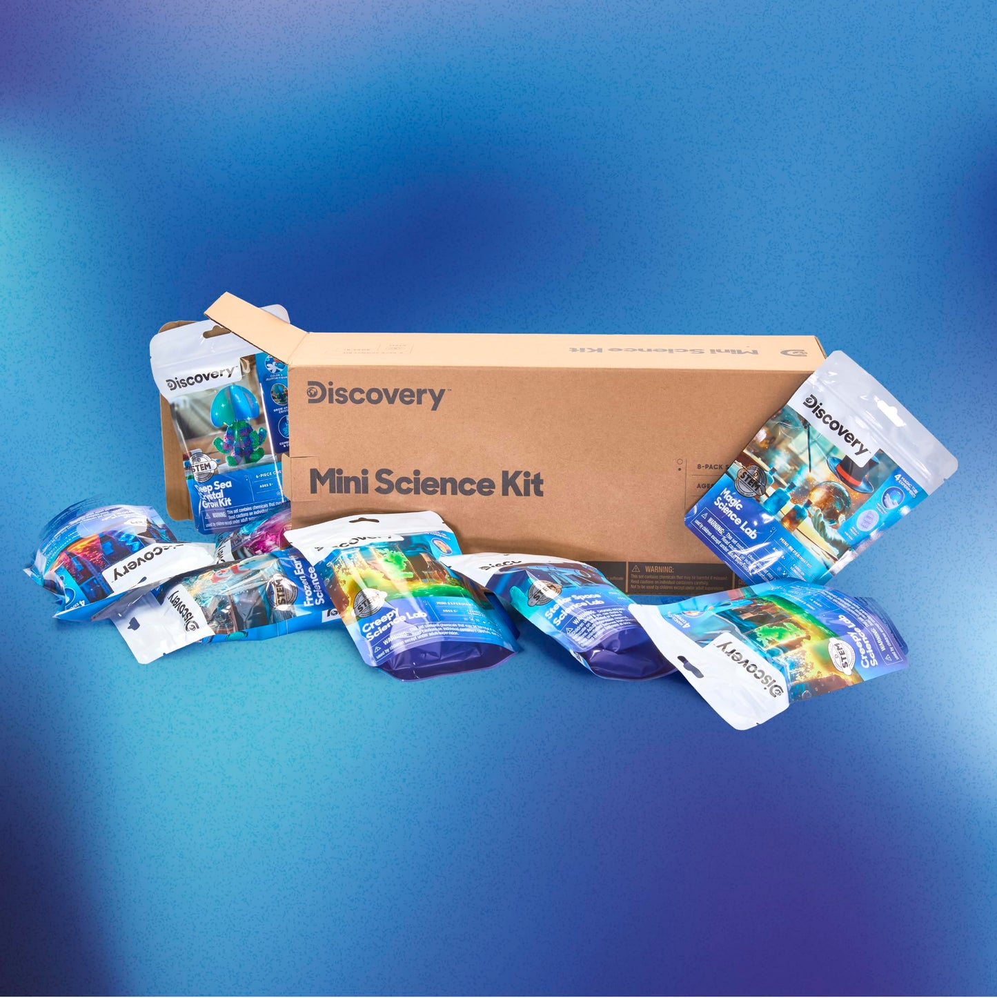 Discovery Mini Science Kit 8-Pack, 32 STEM Science Experiments for Kids, Chemistry, Crystal Growing, Slime, Magic, Space, Creepy, Frozen Activity