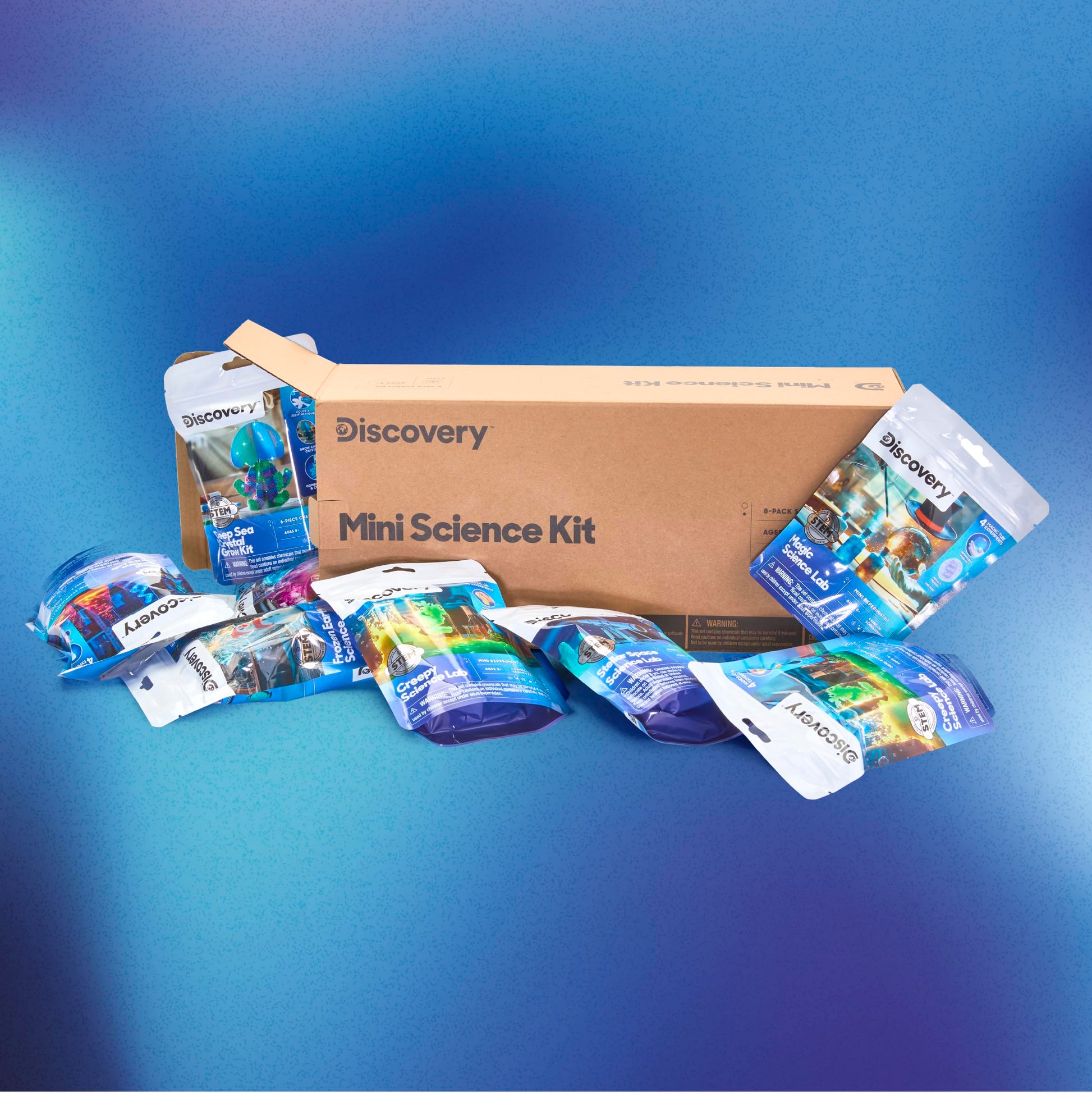 Discovery Mini Science Kit 8-Pack, 32 STEM Science Experiments for Kids, Chemistry, Crystal Growing, Slime, Magic, Space, Creepy, Frozen Activity