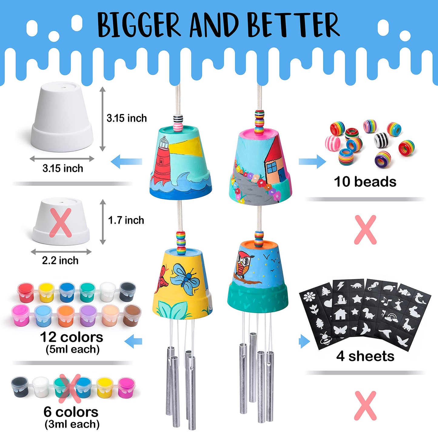 Make Your Own Wind Chime Craft Kit, 2-Pack - Large Bells, Stencils & Beads | DIY Arts and Crafts for Kids Ages 6-12 | Creative Gift for Boys and Girls