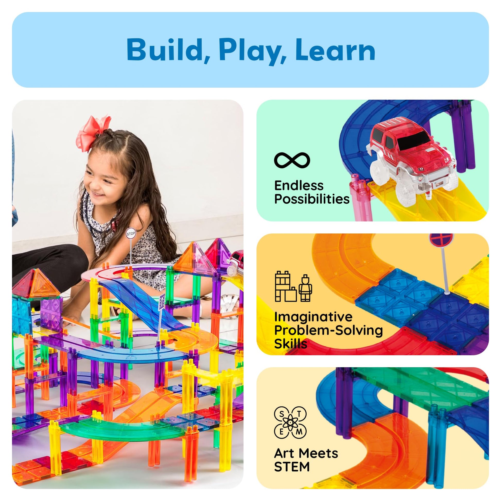 PicassoTiles 150 Piece Race Car Track Building Block Educational Toy Set Magnet Tile Magnetic Blocks Playset 4 Cars Early STEM Learning Construction