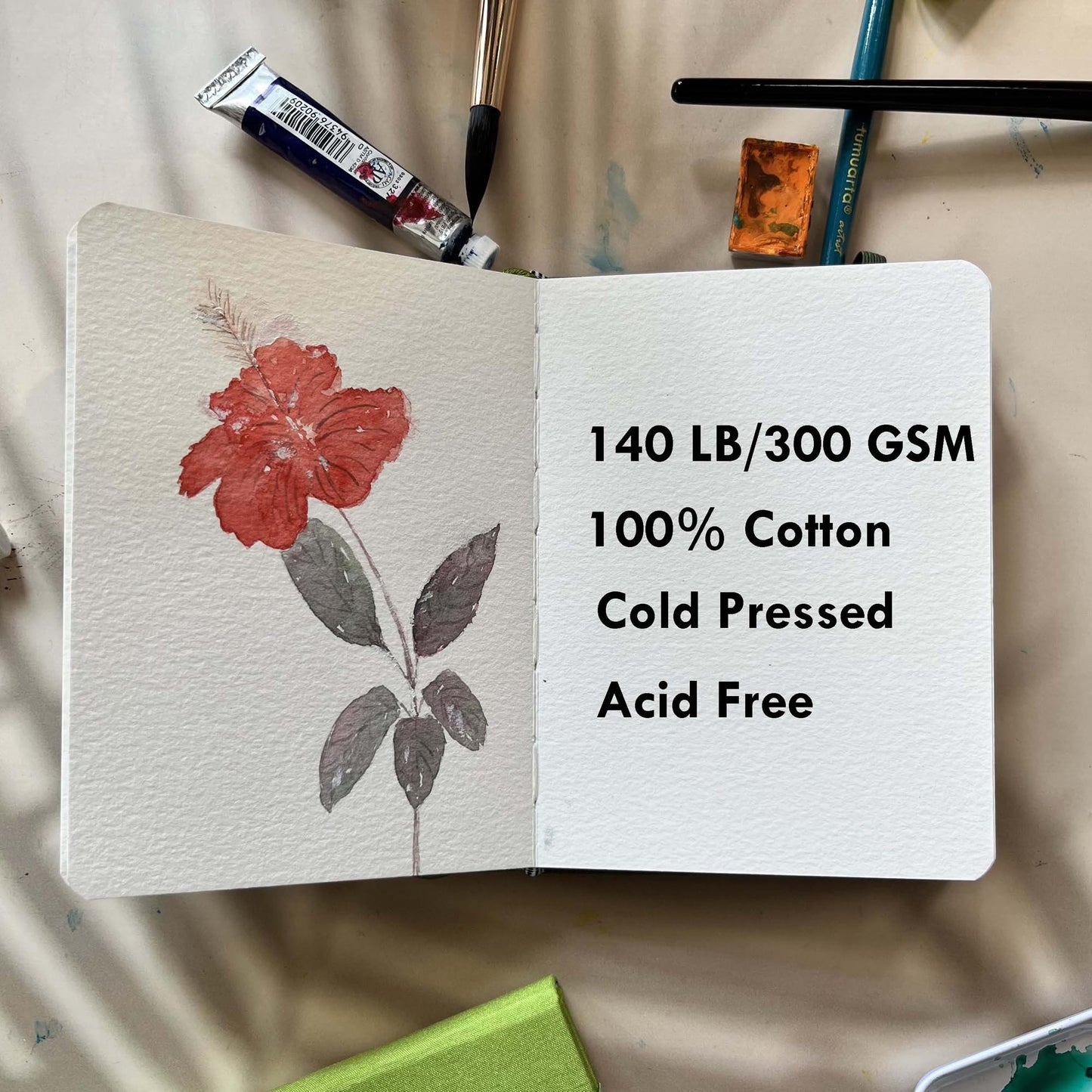 tumuarta Watercolor Sketchbook, 140 LB, 300 GSM, 100% Cotton Paper, Cold Press, 24 Sheets, 48 Pages, Watercolor Journal for Use As Travel Notebook