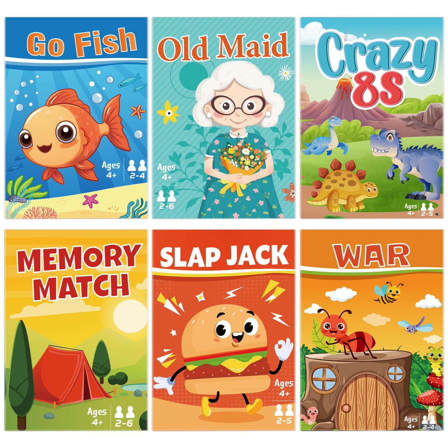 Card Games for Kids, Go Fish,Old Maid,Memory Match,Slap Jack,Crazy 8s,War-6 Pack Classic Fun & Educational Games for Family Game Night,Great Gift