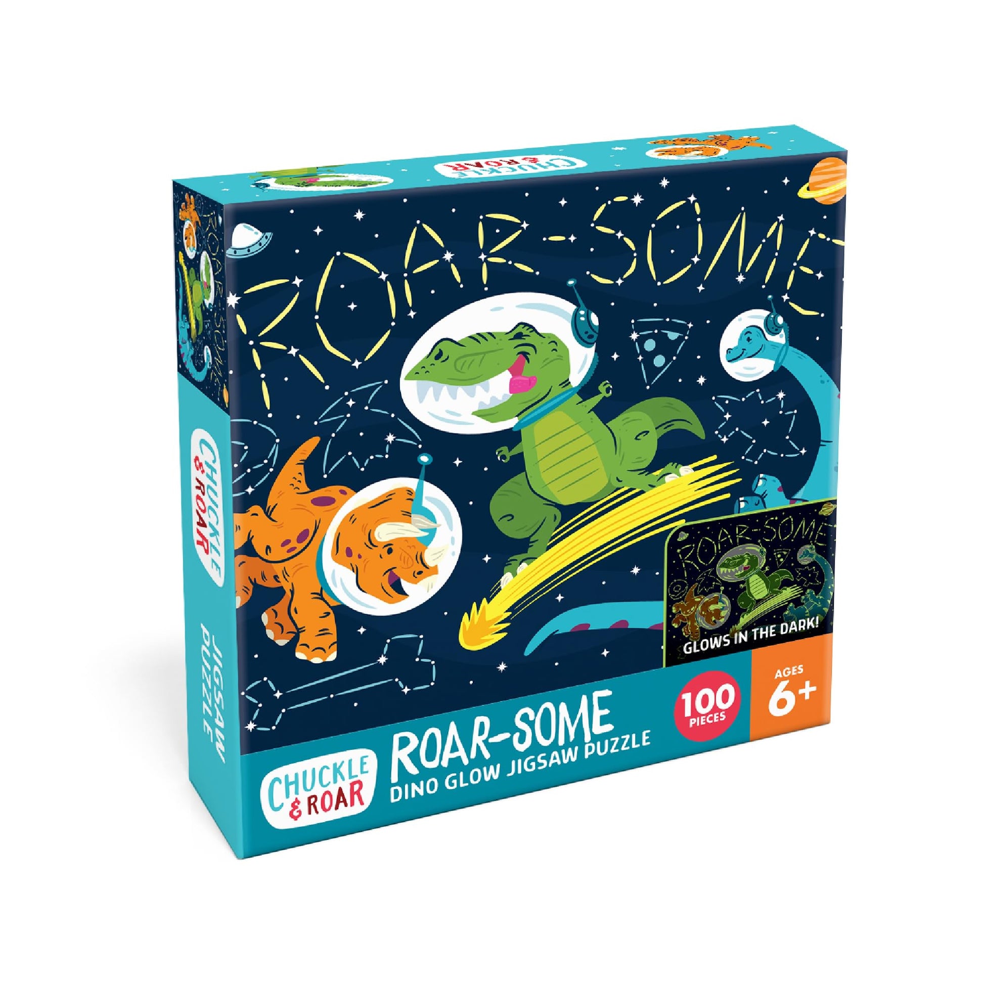 Chuckle & Roar - Roar-Some Glow in The Dark Jigsaw Puzzle for Kids - 100 Piece Educational Space Dino Puzzle - Ages 6+ - Fun Learning, Fine Motor