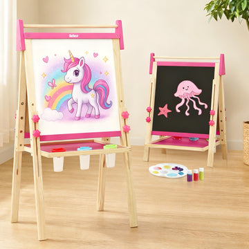 Belleur Wooden Art Easel for Kids 2+, Adjustable Double Sided Easel for Toddlers with Dry-Erase Board & Magnetic Whiteboard & Paper Roll Rod, 28"-40"