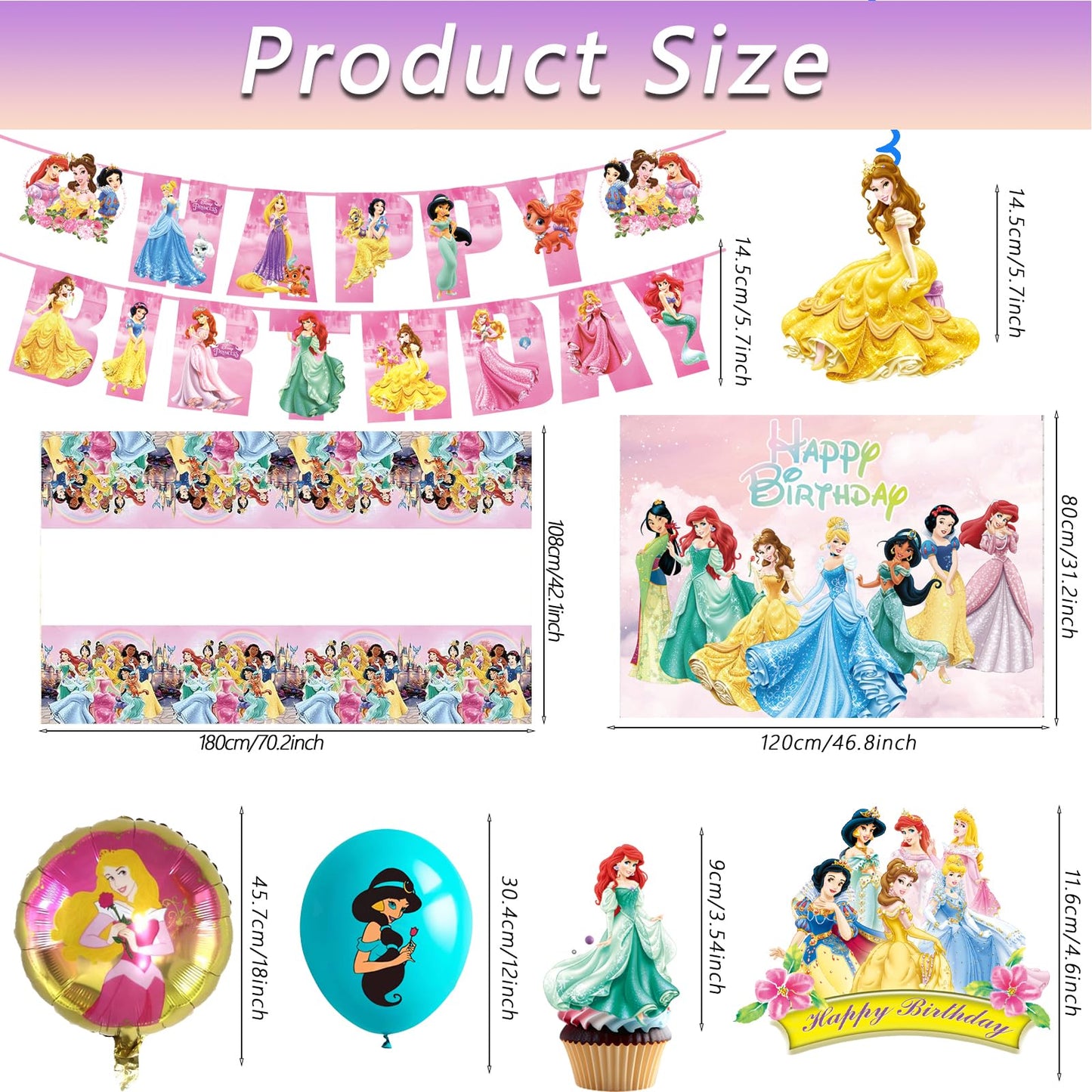 62PCS Disne Princess Party Supplies, Birthday Decorations Set Include Banner, Balloons, Backdrop, Cupcake Toppers, Tablecloth, Hanging Swirls for Kids