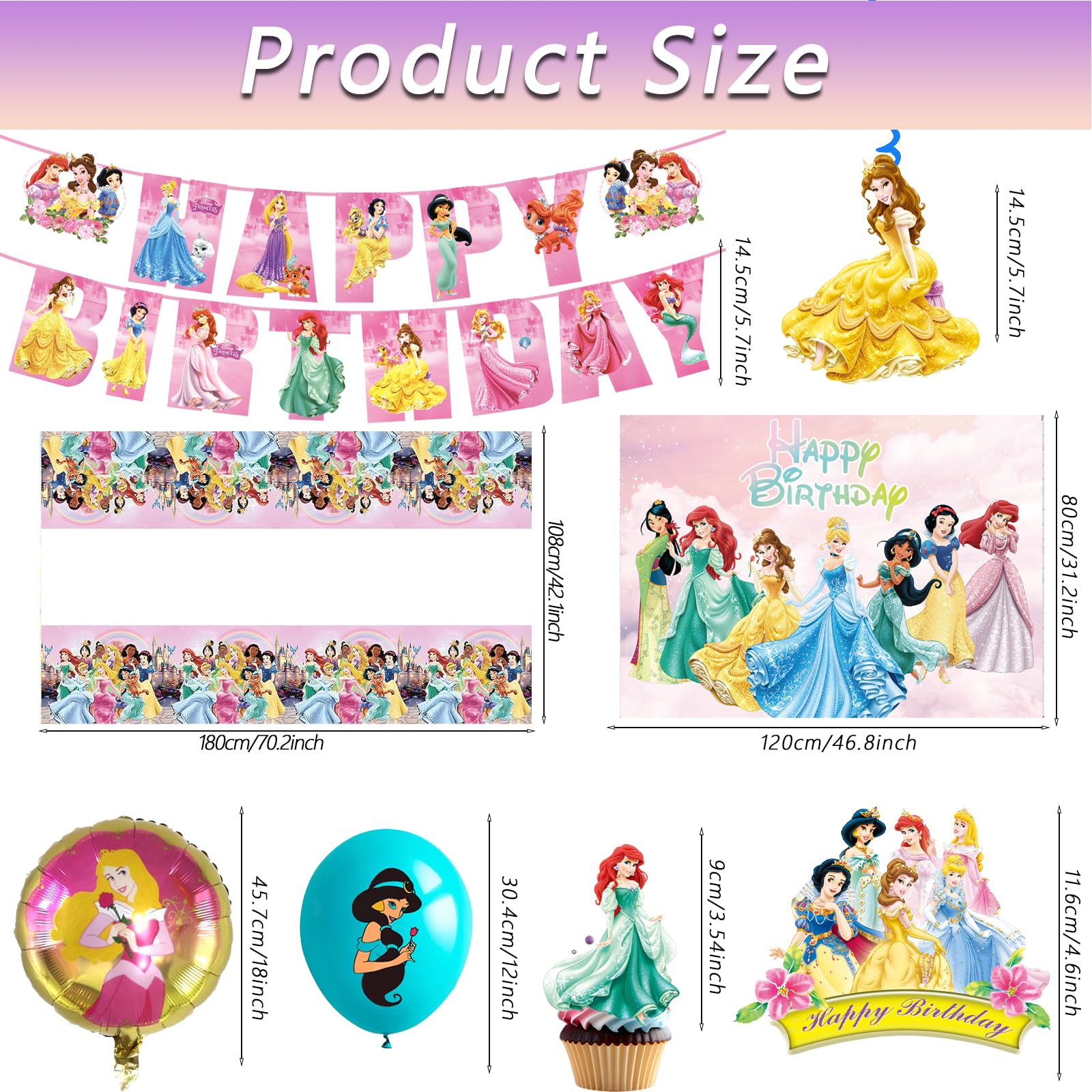 62PCS Disne Princess Party Supplies, Birthday Decorations Set Include Banner, Balloons, Backdrop, Cupcake Toppers, Tablecloth, Hanging Swirls for Kids