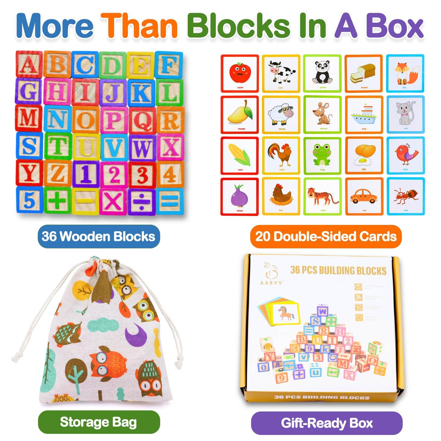 Humerry Wooden Alphabet Blocks with Flash Cards, 36 PCS ABC Learning Blocks for Toddlers 1-3