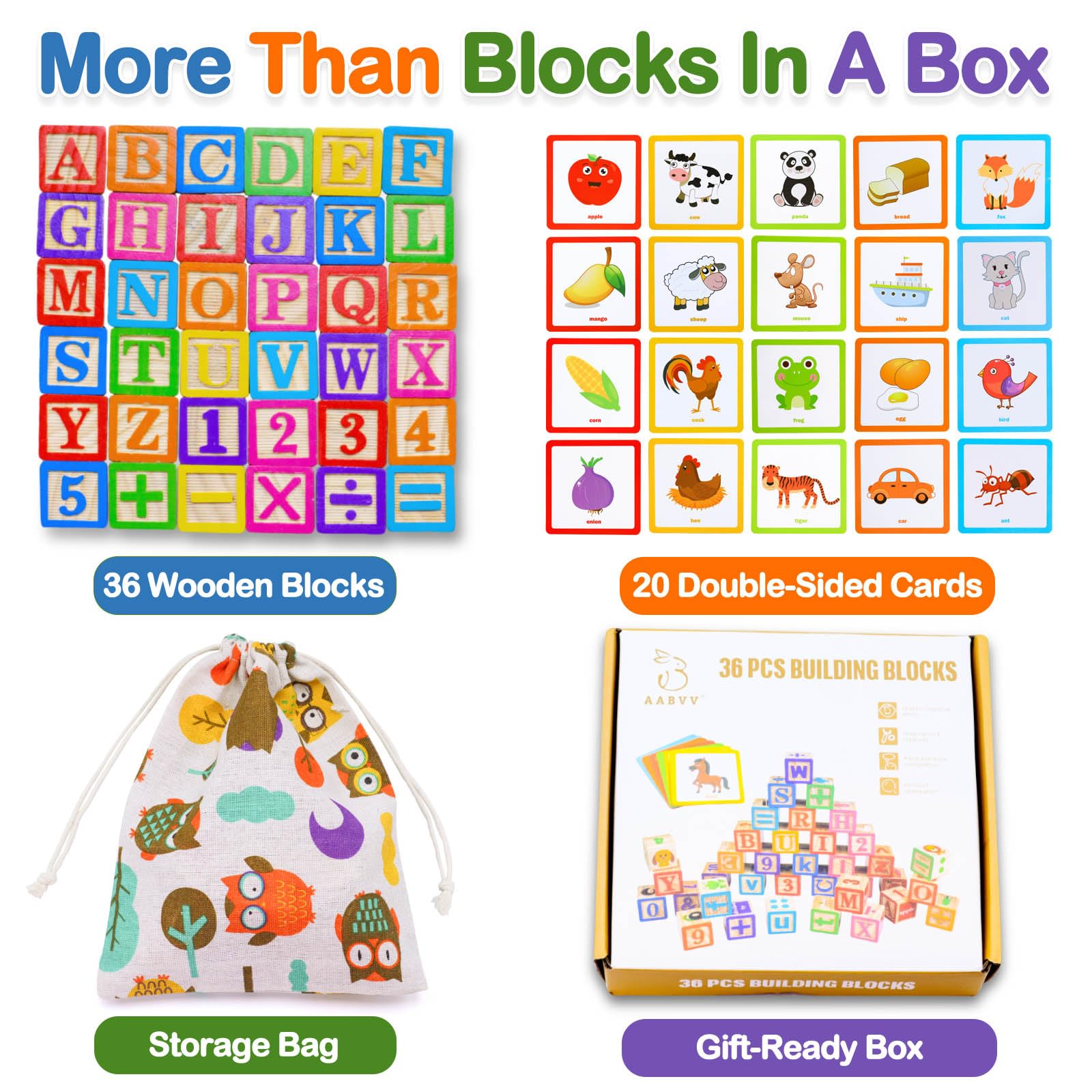 Humerry Wooden Alphabet Blocks with Flash Cards, 36 PCS ABC Learning Blocks for Toddlers 1-3