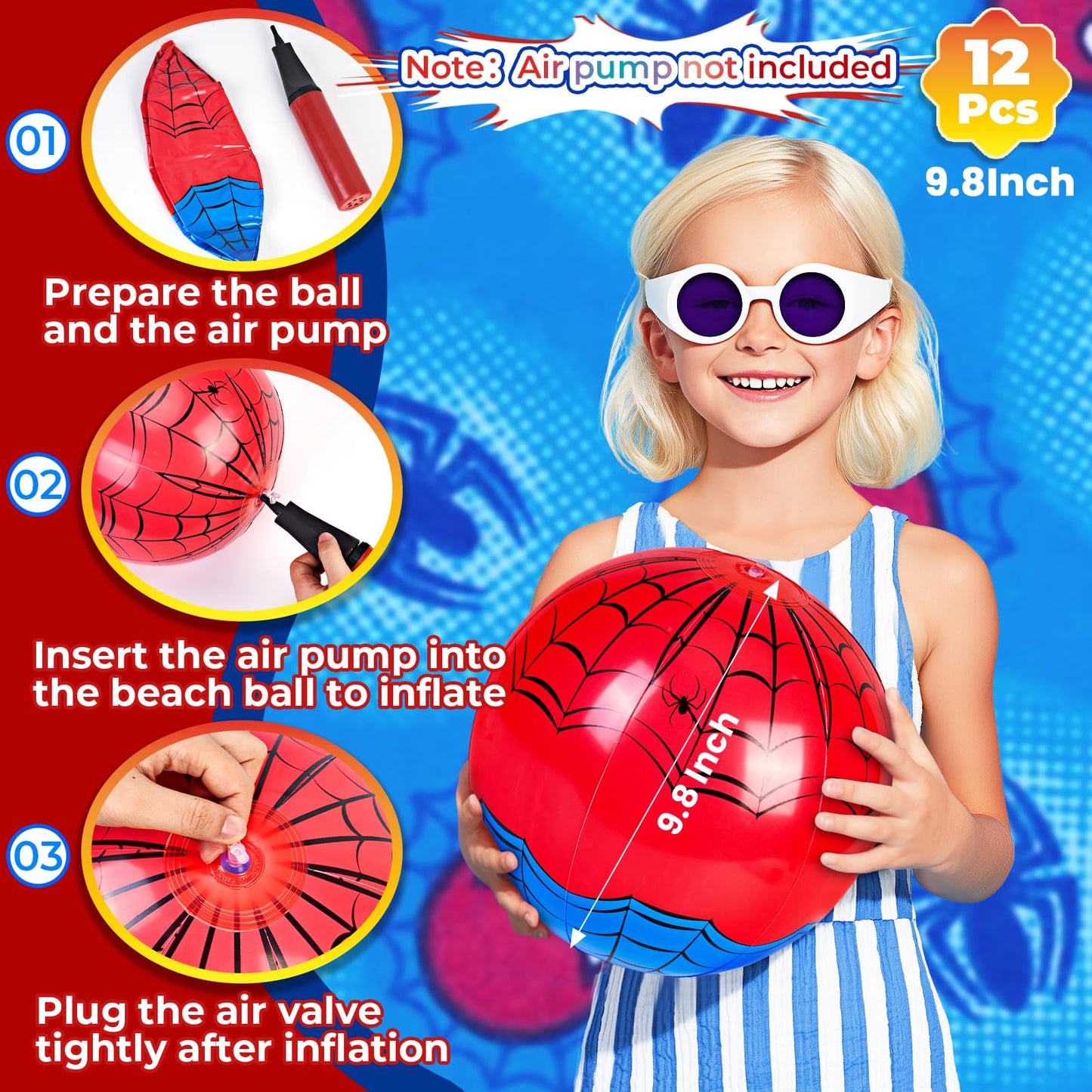 12 Pack Spider Theme Beach Ball - 9.84" Bulk Inflatable Beach Balls for Summer Water Games Pool Games, Blue and Red Spider Web Birthday Party