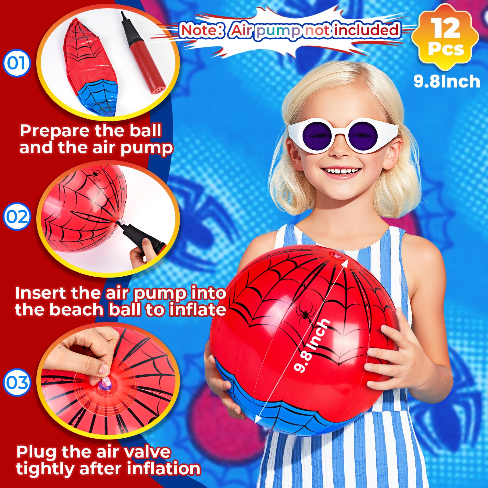 12 Pack Spider Theme Beach Ball - 9.84" Bulk Inflatable Beach Balls for Summer Water Games Pool Games, Blue and Red Spider Web Birthday Party
