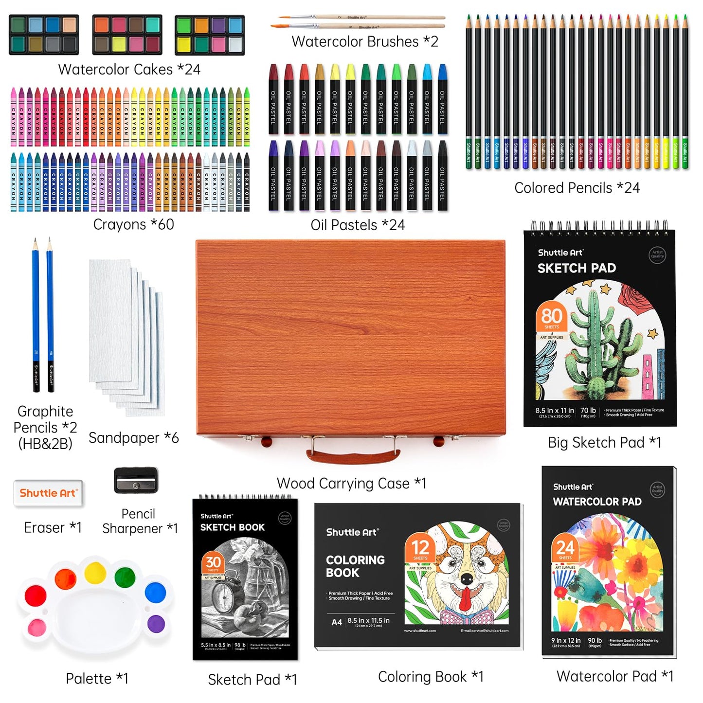 Shuttle Art 149 Piece Deluxe Art Set, Art Supplies in Wooden Case, Painting Drawing Art Kit with Crayons Colored Pencils Oil Pastels Watercolor Cakes