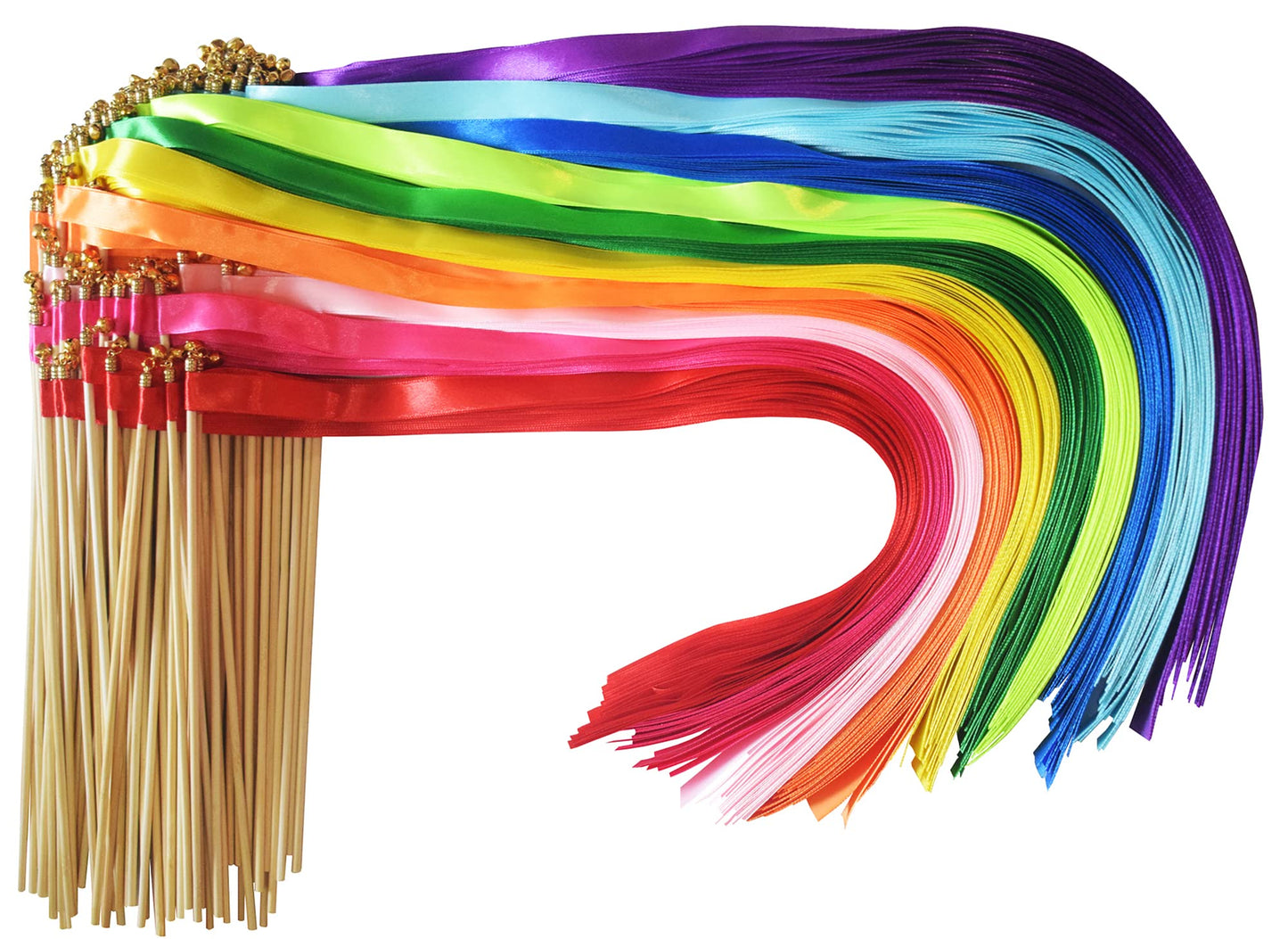 Kingsnow 100 Pieces Multi-Color Ribbon Wands Streamers Sticks with Gold Bell, Chromatic Silk Wish Wands Fairy Stick Party Rhythm Ribbon Streamers