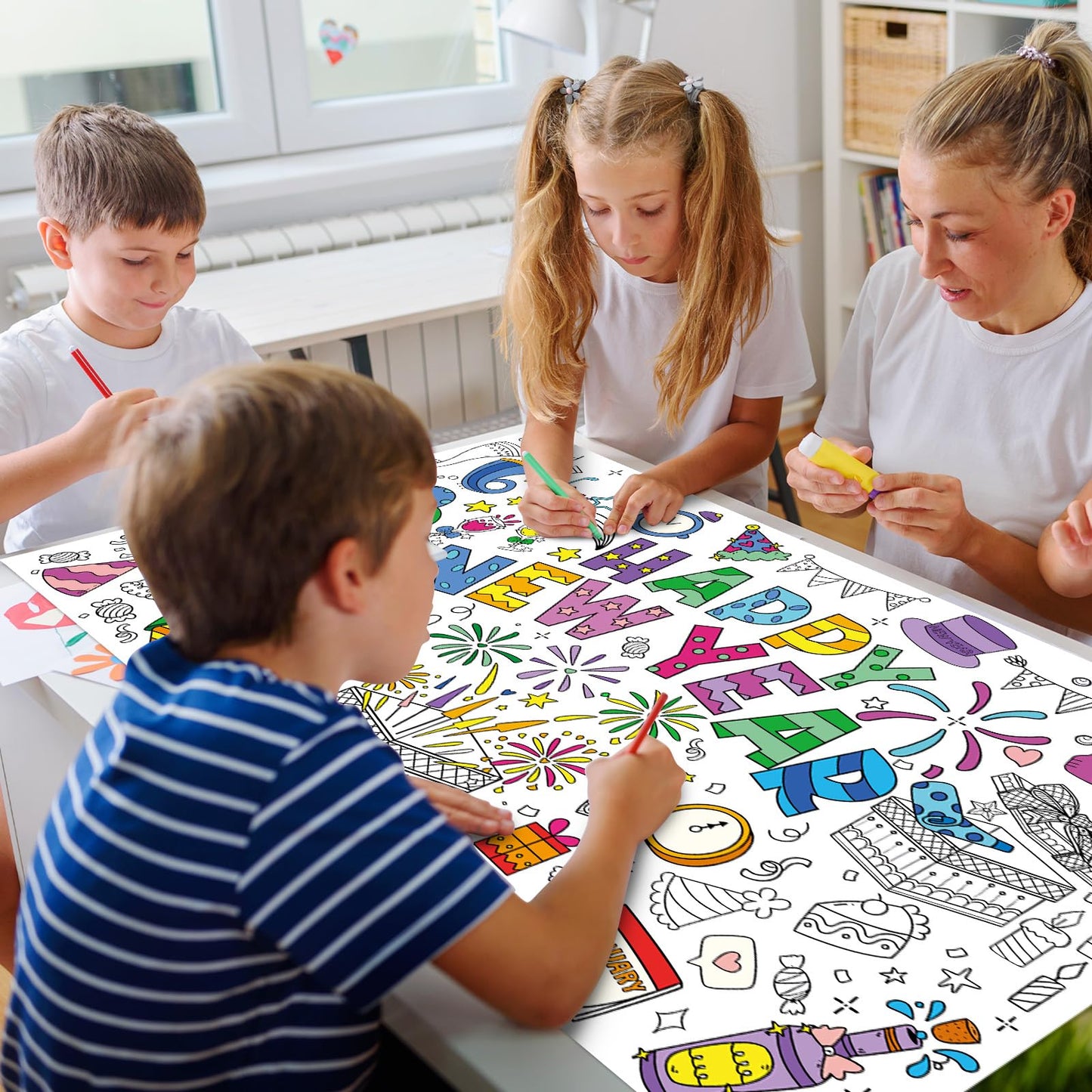 Happy New Year Coloring Poster Tablecloth - 51 x 30 Inch Giant DIY Paper Banner with Fireworks, Party Hats, and Festive Designs - Art Activity for New