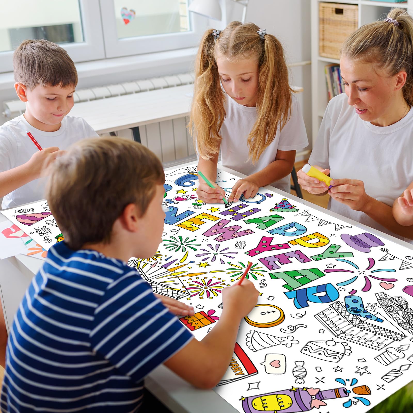 Happy New Year Coloring Poster Tablecloth - 51 x 30 Inch Giant DIY Paper Banner with Fireworks, Party Hats, and Festive Designs - Art Activity for New